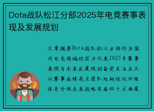 Dota战队松江分部2025年电竞赛事表现及发展规划